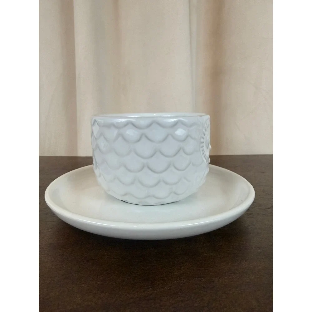 West‎ Elm PAIR (2) White Embossed Ceramic Owl Mugs and Saucers RARE